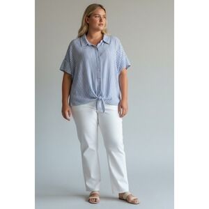 George Plus Size 2X Blue White Stripe Short Sleeve Button Front Tie Waist Shirt‎